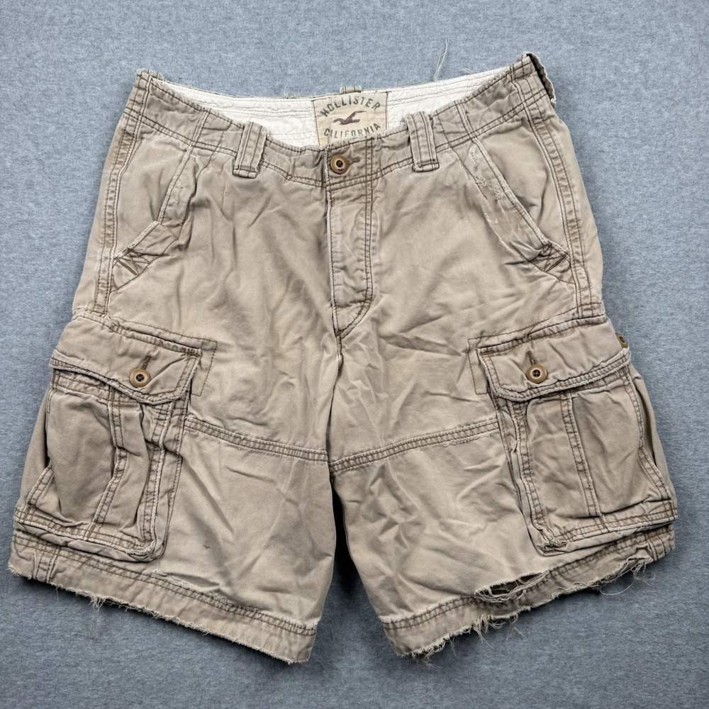 Hollister Cargo Shorts Mens 33 Tan Distressed Button Fly Frayed Khaki Utility